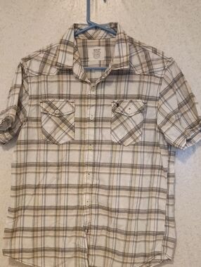 Short-Sleeve Plaid Button-Down Shirt - Cream & Brown